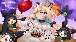 Rule 34 | 1girl, absurdres, ahoge, animal ears, back bow, balloon, bell, blue hair, blush, bow, cake, cat ears, cat tail, character doll, closed eyes, colored inner hair, creature, crown, enna alouette, enna alouette (2nd costume), food, food on face, hair bow, happy birthday, heart balloon, highres, jingle bell, lucie (millie parfait), medium hair, millie parfait, millie parfait (2nd costume), mini crown, multicolored hair, nijisanji, nijisanji en, nina kosaka, nina kosaka (2nd costume), reimu endou, reimu endou (2nd costume), solo, streaked hair, tail, tail bell, tail bow, tail ornament, temachii, virtual youtuber