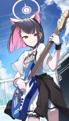 Rule 34 | 1girl, absurdres, animal ears, belt, black belt, black choker, black hair, black jacket, blue archive, cat ears, choker, clothes around waist, colored inner hair, day, electric guitar, extra ears, grin, guitar, halo, highres, holding, holding instrument, instrument, jacket, jacket around waist, kazusa (band) (blue archive), kazusa (blue archive), looking at viewer, multicolored hair, n sol, official alternate costume, outdoors, pink hair, pink halo, pleated skirt, red eyes, shirt, short hair, short sleeves, skirt, smile, solo, thigh belt, thigh strap, white shirt, white skirt