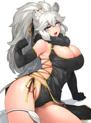Rule 34 | 1girl, alternate costume, animal ear fluff, animal ears, armpit crease, bare shoulders, black dress, black gloves, black panties, black ribbon, blue eyes, breasts, china dress, chinese clothes, cleavage cutout, clothing cutout, colored eyelashes, commentary, dated, dress, elbow gloves, extra ears, fang, fur collar, gloves, gold trim, hair between eyes, hair ribbon, hand up, happa (cloverppd), highres, huge breasts, kemono friends, lion ears, lion girl, lion tail, long hair, looking at viewer, no bra, open mouth, orange ribbon, panties, paw pose, ponytail, ribbon, side-tie panties, sideless outfit, signature, simple background, sitting, solo, tail, thighs, underwear, white background, white hair, white lion (kemono friends)