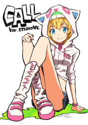 Rule 34 | 1girl, :&gt;, animal hood, arm at side, blonde hair, blue eyes, blue shorts, boots, breasts, call (red ash), cat hood, character name, closed mouth, crop top, cross-laced footwear, crossed legs, eyebrows, hair between eyes, hand on own knee, hood, hood up, hoodie, io naomichi, lace-up boots, red ash, short hair, shorts, simple background, sitting, small breasts, smile, solo, turtleneck, white background, white footwear, white hoodie, wristband