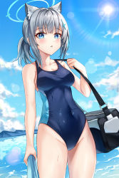Rule 34 | 1girl, absurdres, animal ear fluff, animal ears, beach, black one-piece swimsuit, blue archive, blue eyes, blue sky, breasts, cloud, commentary, competition swimsuit, covered navel, cowboy shot, cross hair ornament, day, dutch angle, extra ears, grey hair, hair ornament, halo, highres, looking at viewer, low ponytail, medium breasts, medium hair, mismatched pupils, mountain, multicolored clothes, multicolored swimsuit, neon (hhs9444), ocean, one-piece swimsuit, outdoors, shiroko (blue archive), shiroko (swimsuit) (blue archive), sky, solo, standing, sun, swimsuit