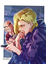 Rule 34 | 1boy, 1girl, absurdres, android 18, artist name, bald, blonde hair, blue eyes, clenched teeth, commentary, controller, crying, dragon ball, dragonball z, ear piercing, earrings, food, highres, jewelry, kuririn, piercing, popcorn, purple robe, remote control, robe, sarulart, streaming tears, sweatdrop, tears, teeth, trembling
