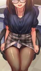 Rule 34 | 1girl, :d, absurdres, akasaai, arms at sides, black-framed eyewear, blouse, blue shirt, blush, breasts, brown eyes, brown hair, brown pantyhose, chair, clothes lift, glasses, highres, id card, indoors, legs together, medium breasts, medium hair, name tag, office chair, open mouth, pantyhose, plaid, plaid skirt, shirt, sitting, skirt, skirt caught on object, skirt lift, smile, solo, swivel chair