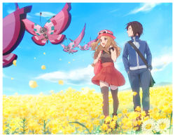 Rule 34 | 1boy, 1girl, :d, bag, blonde hair, blush, boots, border, bracelet, brown hair, bug, butterfly, calem (pokemon), closed mouth, cloud, commentary request, creatures (company), day, field, flower, flower field, game freak, gen 6 pokemon, hat, highres, holding strap, insect, jacket, jewelry, long hair, looking to the side, nintendo, open mouth, outdoors, pants, pink bag, pink headwear, pleated skirt, pokemon, pokemon (creature), pokemon xy, red skirt, serena (pokemon), shirt, shoes, shoulder bag, skirt, sky, sleeveless, sleeveless shirt, smile, standing, thighhighs, tongue, twitter username, vivillon, white border, yairo (sik s4), yellow flower