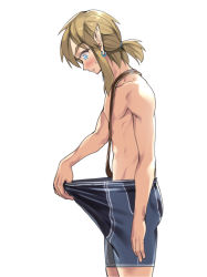 Rule 34 | 1boy, artist request, belt, blonde hair, blue jammers, blue male swimwear, blush, brown belt, cowboy shot, earrings, from side, jammers, jammers pull, jewelry, link, looking down, male focus, male swimwear, male swimwear pull, nintendo, ponytail, pulling own clothes, sweatdrop, the legend of zelda, topless male, two-tone swimsuit