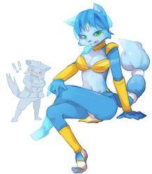 Rule 34 | !, !!, 1boy, 1girl, animal ears, animal nose, armor, bikini armor, blue fur, blue hair, blush, body fur, breasts, choker, circlet, closed mouth, collarbone, crossed legs, fox boy, fox ears, fox girl, fox mccloud, fox tail, full body, furry, furry female, green eyes, half-closed eyes, hands up, happy, jpeg artifacts, krystal, licking lips, loincloth, looking at viewer, medium breasts, navel, nintendo, nose blush, own hands together, sandals, shin guards, short hair, shoulder armor, simple background, sitting, smile, solo focus, spread legs, standing, star fox, star fox adventures, tail, tail ornament, tongue, tongue out, two-tone fur, ukata, vambraces, white background, white footwear, yellow choker