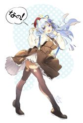 Rule 34 | 10s, 1girl, :3, :d, ahoge, animal ears, artist name, bad id, bad pixiv id, beret, black thighhighs, blouse, blue hair, blush, brown dress, dress, dyed ahoge, floating hair, full body, hands up, hat, koyoi mitsuki, legs apart, long hair, long sleeves, looking at viewer, looking back, open mouth, petticoat, purple eyes, shirt, show by rock!!, signature, smile, solo, spade (shape), standing, thighhighs, tsukino (show by rock!!), white shirt