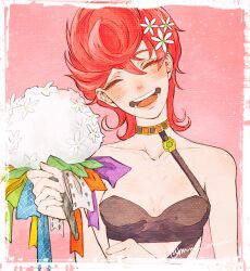 Rule 34 | 1girl, bare shoulders, blush, bouquet, breasts, choker, cleavage, closed eyes, collarbone, flower, hair flower, hair ornament, highres, holding, holding bouquet, jojo no kimyou na bouken, midriff, mm umum, pink background, red hair, short hair, signature, simple background, sleeveless, small breasts, smile, solo, straight-on, trish una, upper body, vento aureo, white flower