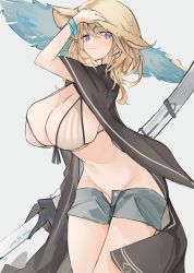 Rule 34 | 1girl, arknights, bikini, bikini top only, blonde hair, blue nails, blue shorts, blush, bracelet, breasts, cleavage, closed mouth, cowboy shot, fang, grey background, groin, hair between eyes, hair ornament, hairclip, hand on headwear, hat, highres, holding, holding sword, holding weapon, huge breasts, jewelry, looking at viewer, medium hair, mikozin, nail polish, navel, no panties, official alternate costume, open fly, purple eyes, sagging breasts, shawl, short shorts, shorts, simple background, skin fang, smirk, solo, stomach, straw hat, string bikini, striped bikini, striped clothes, swimsuit, swimsuit cover-up, sword, utage (arknights), utage (summer flowers) (arknights), vertical-striped bikini, vertical-striped clothes, weapon, white bikini