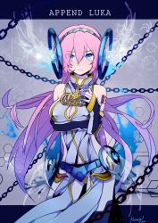 Rule 34 | 1girl, :3, bare shoulders, black thighhighs, blue eyes, breast hold, breasts, chain, character name, cleavage, cleavage cutout, clothing cutout, hairband, headdress, highres, kurono yuu, long hair, megurine luka, megurine luka (append), pink hair, solo, tattoo, thighhighs, vocaloid, vocaloid append