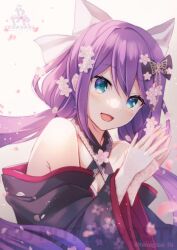 Rule 34 | blue eyes, bow, cherry blossom print, cherry blossoms, commentary request, floral print, hair bow, highres, hinagisa yaya, long hair, low twintails, nijisanji, open mouth, purple hair, sakura ritsuki, sakura ritsuki (1st costume), smile, twintails, very long hair, virtual youtuber, white bow, wide sleeves