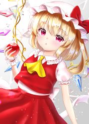 Rule 34 | 1girl, absurdres, apple, arm up, ascot, blonde hair, blush, broken glass, commentary request, dutch angle, expressionless, flandre scarlet, food, fruit, glass, gradient background, grey background, hair between eyes, hat, hat ribbon, highres, holding, holding food, holding fruit, light particles, looking at viewer, mob cap, nyanyanoruru, one side up, partial commentary, puffy short sleeves, puffy sleeves, red eyes, red skirt, red vest, ribbon, shards, shirt, short hair, short sleeves, skirt, solo, standing, touhou, triangle mouth, upper body, vest, white hat, white shirt, wings, wrist cuffs, yellow ascot