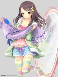 Rule 34 | 1girl, :o, brown eyes, brown hair, camisole, casual, coat, collarbone, copyright name, fluffy legwear, frills, grey background, hair ornament, hairclip, holding, holding clothes, hood, hoodie, ilog, kuki hitomi, long hair, long sleeves, loungewear, midriff, mirror, multicolored stripes, no shoes, occhan (11715), official art, open clothes, open coat, open hoodie, print hoodie, ribbon-trimmed clothes, ribbon trim, shorts, slippers, solo, spaghetti strap, striped clothes, striped thighhighs, thighhighs, zettai ryouiki