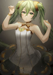 Rule 34 | 1girl, absurdres, after0217, choker, dress, green eyes, green hair, hair between eyes, hair ornament, hands up, hatsune miku, highres, miku symphony (vocaloid), parted lips, ribbon, see-through, see-through dress, solo, twintails, vocaloid