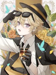 Rule 34 | 1boy, adjusting eyewear, alcohol, black hat, blonde hair, blue eyes, bug, butterfly, facing to the side, floral background, flower, glass, gloves, gradient eyes, hair between eyes, hand on eyewear, hat, highres, insect, looking at viewer, male focus, multicolored eyes, namiki itsuki, open mouth, original, purple eyes, rose, short hair, smile, solo, sunglasses, yellow flower, yellow rose