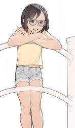 Rule 34 | 1girl, :d, absurdres, bare arms, blue-framed eyewear, bob cut, camisole, commission, crossed arms, glasses, hair ornament, hairclip, highres, legs together, looking at viewer, luimiart, medium hair, open mouth, original, railing, short shorts, shorts, simple background, smile, solo, standing, white background, yellow camisole