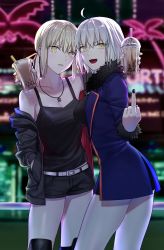 Rule 34 | 2girls, absurdres, ahoge, artoria pendragon (all), artoria pendragon (fate), black nails, blonde hair, blurry, blurry background, boots, breasts, bubble tea, cup, disposable cup, fate/grand order, fate/stay night, fate (series), fur-trimmed jacket, fur-trimmed sleeves, fur trim, grey hair, hand in pocket, highres, jacket, jeanne d&#039;arc (fate), jeanne d&#039;arc alter (fate), jeanne d&#039;arc alter (ver. shinjuku 1999) (fate), jewelry, knee boots, looking at viewer, medium breasts, middle finger, multiple girls, nail polish, necklace, nipi27, official alternate costume, pale skin, parted lips, ponytail, saber alter, saber alter (ver. shinjuku 1999) (fate), shinjuku (tokyo), short hair, shorts, small breasts, smile, tank top, tokyo (city), wicked dragon witch ver. shinjuku 1999, yellow eyes