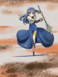 Rule 34 | 1girl, blue eyes, blue hair, full body, hair ornament, highres, holding, holding spear, holding weapon, kinfuji, long hair, looking at viewer, magia record: mahou shoujo madoka magica gaiden, magical girl, mahou shoujo madoka magica, nanami yachiyo, polearm, running, running towards viewer, solo, spear, weapon