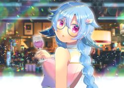 Rule 34 | 1girl, :o, alcohol, bare shoulders, blue-framed eyewear, blue hair, blurry, blurry background, blush, braid, breasts, character request, commentary request, cup, depth of field, drinking glass, glasses, hair between eyes, hair ornament, hand up, holding, holding cup, indie virtual youtuber, kou hiyoyo, long hair, looking at viewer, looking back, parted lips, pink shirt, purple eyes, round eyewear, shirt, single braid, sleeveless, sleeveless shirt, small breasts, solo, star (symbol), star hair ornament, virtual youtuber, wine, wine glass