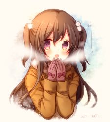 Rule 34 | 1girl, 2017, :o, artist name, azu torako, beige background, blush, breath, brown hair, coat, cupping hands, dated, gloves, hair between eyes, long hair, looking at viewer, open mouth, original, own hands together, purple eyes, signature, simple background, solo, teeth, two side up, upper body