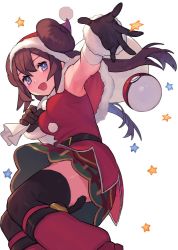 Rule 34 | 1girl, :d, armpits, belt, belt buckle, black belt, blush, boots, breasts, brown hair, buckle, capelet, chorefuji, christmas, commentary request, creatures (company), double bun, dress, eyelashes, game freak, gloves, hair between eyes, hair bun, hat, holding, holding sack, long hair, looking at viewer, looking to the side, nintendo, official alternate costume, open mouth, poke ball, poke ball (basic), pokemon, pokemon masters ex, red dress, red footwear, rosa (holiday 2019) (pokemon), rosa (pokemon), sack, santa hat, smile, solo, spread fingers, star (symbol), tongue, twintails, white background