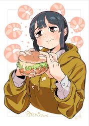 Rule 34 | 1girl, :t, black hair, bright pupils, brown eyes, burger, chewing, closed mouth, commentary request, cropped torso, eating, food, food on clothes, hands up, holding, holding burger, holding food, hood, hood down, hoodie, long hair, long sleeves, looking at object, low ponytail, mado (mukade tou), original, puffy long sleeves, puffy sleeves, shrimp, sidelocks, smile, solo, translation request, upper body, white background, white pupils, yellow hoodie