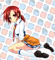 Rule 34 | 10s, 1girl, ass, clothes lift, hair ornament, hairclip, hino akane (smile precure!), kneeling, miniskirt, necktie, panties, ponytail, precure, red eyes, red hair, shoes, short hair, sibata, skirt, skirt lift, sleeves rolled up, smile precure!, socks, solo, underwear, upskirt, white panties