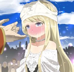 Rule 34 | 1girl, blonde hair, blue eyes, blush, cloud, commentary request, coronation, crowd, crying, embarrassed, flat chest, humiliation, jewelry, long hair, multiple boys, mushi gyouza, necklace, object on head, onlookers, original, outdoors, panties, panties on head, pearl necklace, sky, smile, snot, solo focus, sweat, tears, underwear