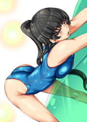 Rule 34 | 1girl, arched back, ass, bare shoulders, black hair, blue one-piece swimsuit, blush, breasts, brown eyes, competition swimsuit, large breasts, long hair, looking at viewer, one-piece swimsuit, original, ponytail, shiny skin, solo, swimsuit, usyuuri