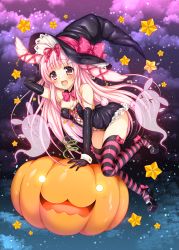 Rule 34 | &gt; &lt;, 1girl, akashi (akashimichi), animal ears, black gloves, black thighhighs, blush, closed eyes, cloud, cloudy sky, gloves, halloween, hat, high heels, highres, jack-o&#039;-lantern, looking at viewer, night, night sky, open mouth, original, pink hair, pink thighhighs, pumpkin, rabbit, rabbit ears, rabbit tail, sky, solo, star (symbol), striped clothes, striped thighhighs, tail, thighhighs, witch hat