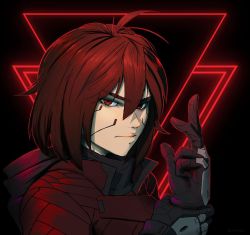 Rule 34 | 1girl, ahoge, alpyro, cyborg, gloves, glowing, holding own wrist, lips, looking at viewer, original, red eyes, red hair, science fiction, short hair, solo, tagme, thick eyebrows