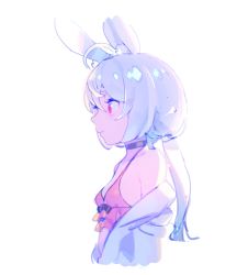 Rule 34 | 1girl, absurdres, ahoge, animal ear fluff, animal ears, breasts, rabbit ears, camisole, choker, enkyo yuuichirou, from side, highres, jacket, long hair, low twintails, off shoulder, pink hair, red camisole, red eyes, simple background, sketch, small breasts, smile, solo, tomari mari, tomari mari channel, twintails, upper body, virtual youtuber, white background, white jacket