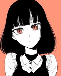 Rule 34 | 1girl, black dress, black hair, collared shirt, commentary request, dress, greyscale, greyscale with colored background, kuzu to megane to bungaku shoujo (nise), looking at viewer, medium hair, monochrome, orikawa iori, parted lips, red background, red eyes, red theme, shirt, simple background, sketch, slit pupils, solo, spot color, tamezou, upper body