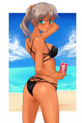 Rule 34 | 1girl, adjusting hair, ass, bad id, bad pixiv id, beach, bikini, black bikini, breasts, brown hair, cloud, coca-cola, day, female focus, from behind, glass, green eyes, grey hair, labotamochi, long hair, looking back, original, outdoors, ponytail, product placement, sky, solo, swimsuit, tan, water