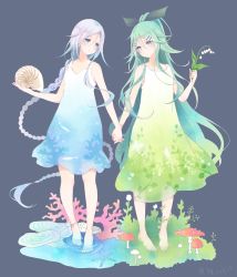 Rule 34 | 10s, 2girls, absurdly long hair, alternate costume, animal print, anklet, aqua eyes, aqua hair, bare arms, bare shoulders, barefoot, black ribbon, blue dress, blue eyes, blue hair, braid, colis, coral, dress, faux figurine, fish print, flat chest, floral print, flower, full body, gradient hair, green dress, green hair, hair between eyes, hair ornament, hair ribbon, hairclip, holding hands, head tilt, helix, holding, holding flower, interlocked fingers, jewelry, kadokawa shoten, kantai collection, long hair, looking at another, looking to the side, multicolored hair, multiple girls, mushroom, ponytail, purple background, ribbon, seashell, shell, simple background, single braid, sleeveless, sleeveless dress, starfish, tareme, twitter username, umikaze (kancolle), very long hair, yamakaze (kancolle)
