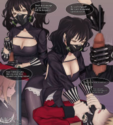 Rule 34 | 1boy, 2girls, absurdres, artist request, asphyxiation, black hair, blonde hair, breasts, brown eyes, censored, cleavage, faceless, faceless male, femdom, girls&#039; frontline, highres, long hair, mask, multiple girls, open mouth, pantyhose, penis, saliva, scarecrow (girls&#039; frontline), short hair, sitting, sitting on person, strangling, sweat, teeth, tongue, translated, urethral insertion