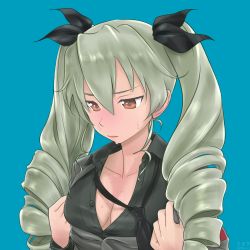 Rule 34 | 10s, 1girl, anchovy (girls und panzer), anchovy (girls und panzer), bad id, bad twitter id, black ribbon, blue background, blush, breasts, brown eyes, chimaki (u9works), cleavage, drill hair, girls und panzer, green hair, hair ribbon, long hair, loose necktie, medium breasts, necktie, partially unbuttoned, ribbon, solo, sweat, twintails
