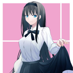 Rule 34 | 1girl, black bow, black hair, black hairband, black skirt, blue eyes, bow, bowtie, breasts, closed mouth, commentary request, hairband, long hair, long sleeves, looking at viewer, medium breasts, pleated skirt, shirt, sidelocks, skirt, skirt hold, smile, solo, tohno akiha, tsukihime, tsukihime (remake), ttumupen, upper body, very long hair, white shirt