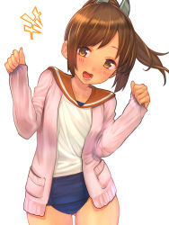 Rule 34 | 10s, 1girl, baffu, blush, brown eyes, brown hair, cardigan, highres, i-401 (kancolle), kantai collection, long hair, looking at viewer, one-piece swimsuit, open mouth, ponytail, sailor collar, school swimsuit, smile, solo, swimsuit, swimsuit under clothes, tan