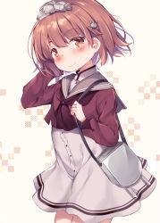 Rule 34 | 1girl, bag, brown eyes, brown hair, brown neckerchief, commentary request, dress, grey sailor collar, kantai collection, leaning forward, looking at viewer, murasakio, neckerchief, red shirt, sailor collar, sailor shirt, shirt, short hair, smile, solo, tan yang (kancolle), white background, white dress, yukikaze (kancolle)