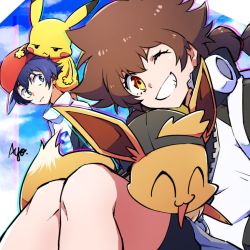 Rule 34 | 1boy, 1girl, :&lt;, ^ ^, ayo (ayosanri009), backwards hat, black hair, brown hair, closed eyes, closed mouth, clothed pokemon, cloud, commentary request, creatures (company), day, eevee, eyelashes, frown, game freak, gen 1 pokemon, gotcha!, gotcha! boy (pokemon), gotcha! girl (pokemon), grin, hat, jacket, long hair, multi-tied hair, nintendo, one eye closed, outdoors, pikachu, pokemon, pokemon (creature), red headwear, short hair, signature, sky, smile, teeth, white jacket, zipper