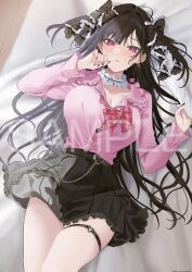 Rule 34 | 1girl, bed sheet, black bow, black hair, black nails, black skirt, blush, bow, breasts, cleavage, collarbone, collared shirt, commentary request, dress shirt, earrings, frilled bow, frilled shirt collar, frilled skirt, frills, hair bow, hamu (plot sy), hands up, heart, jewelry, jirai kei, large breasts, long hair, looking at viewer, lying, multicolored nails, nail polish, on back, original, parted lips, pink bow, pink shirt, plaid, plaid bow, pleated skirt, purple eyes, red nails, sheet grab, shirt, skindentation, skirt, solo, sweat, thigh strap, two side up, very long hair, wooden floor