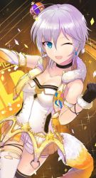 Rule 34 | 1girl, ahoge, anastasia (idolmaster), armlet, ashita (2010), asymmetrical legwear, bare shoulders, black gloves, blue eyes, breasts, choker, cleavage, collarbone, commentary request, cropped vest, crown, dress, earrings, eyelashes, fingerless gloves, fox tail, fur-trimmed gloves, fur collar, fur trim, gloves, gold trim, highres, idolmaster, idolmaster cinderella girls, jewelry, looking at viewer, medium breasts, mini crown, mismatched legwear, one eye closed, open mouth, scrunchie, short hair, short shorts, shorts, silver hair, single sleeve, skirt, smile, solo, sparkle, tail, thighhighs, thighs, torn clothes, torn thighhighs, vest, white dress, wrist scrunchie, yellow skirt
