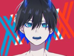 Rule 34 | 10s, 1boy, black hair, blue eyes, blue horns, commentary request, darling in the franxx, highres, hiro (darling in the franxx), horns, looking at viewer, male focus, oni horns, open mouth, short hair, solo, tacit 1113, teeth, topless male
