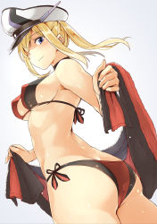 Rule 34 | 10s, 1girl, abo (hechouchou), ass, bikini, blonde hair, blue eyes, breasts, graf zeppelin (kancolle), hair between eyes, hat, highres, kantai collection, long hair, medium breasts, multicolored bikini, multicolored clothes, peaked cap, side-tie bikini bottom, sidelocks, smile, solo, swimsuit, twintails