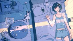 Rule 34 | 1girl, bare shoulders, bed, black hair, blue eyes, camisole, carpet, charging device, closed mouth, collarbone, commentary request, cowboy shot, curtains, day, from above, head on pillow, highres, indoors, junngoro, lying, messy hair, midriff, mirror, navel, nightgown, no pupils, on back, original, phone, plant, short hair, sleepy, sleeveless, solo, spaghetti strap, stuffed animal, stuffed rabbit, stuffed toy, sunlight, table, vase, window