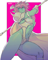 Rule 34 | 1girl, absurdres, armor, bikini armor, blue skin, breasts, chinese commentary, cleavage, colored skin, commentary, commentary request, commission, commissioner upload, green skin, highres, long hair, mixed-language commentary, navel, pointy ears, rejean dubois, sega, shining (series), solo, thighs, warrior, weapon