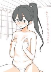 Rule 34 | 10s, 1girl, bad id, bad pixiv id, blush, covering privates, covering breasts, fundoshi, houshou (kancolle), japanese clothes, kantai collection, long hair, mo (kireinamo), personification, ponytail, smile, solo, topless