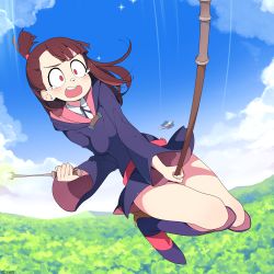 Rule 34 | 1girl, absurdres, bad id, bad pixiv id, bike shorts, blue sky, breasts, broom, broom riding, brown hair, cloud, collar, crying, crying with eyes open, dress, forest, hat, highres, holding, holding wand, kagari atsuko, little witch academia, long hair, medium breasts, nature, once 11h, open mouth, outdoors, purple dress, purple footwear, purple headwear, purple hood, purple ribbon, red eyes, ribbon, shirt, sky, tears, teeth, upper teeth only, wand, white shirt, witch hat