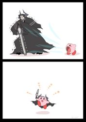 Rule 34 | 1boy, 2koma, armor, black cloak, cloak, comic, commentary request, eiri (eirri), fate/grand order, fate (series), glowing, glowing eyes, horns, king hassan (fate), kirby, kirby (series), mask, nintendo, open mouth, skull, skull mask, spikes, sword, transformation, weapon, white background
